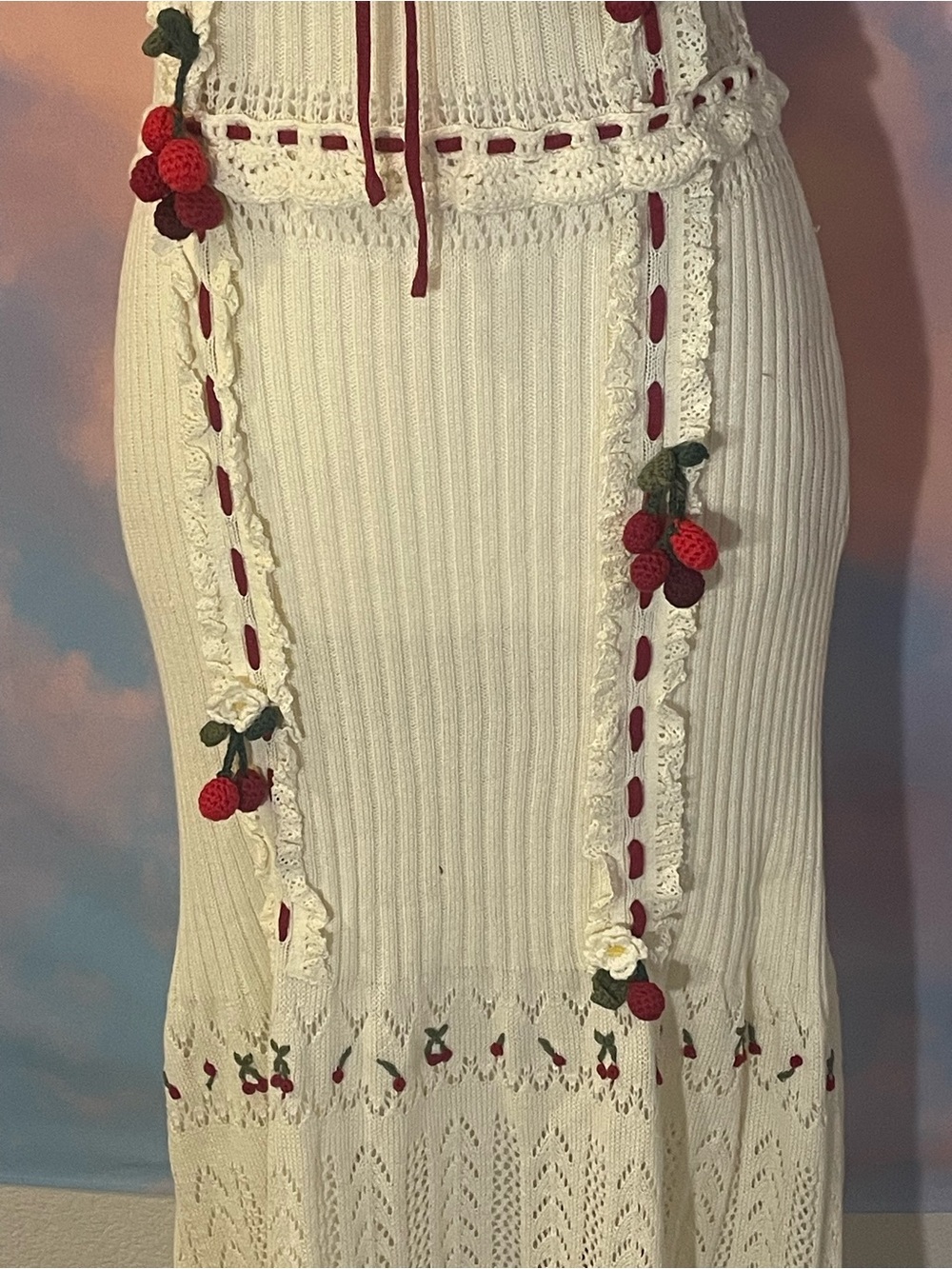 NWT: Gorgeous Lace Made Cream Knit w/Red Ribbon & Cherry Crochet Details - Picture 7 of 15